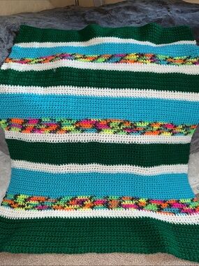 Hand Crafted Multicolor Striped Crochet Throw Blanket - Green, Blue, White, Neon